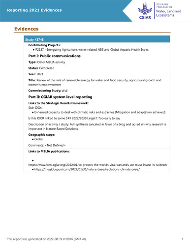 Review of the role of renewable energy for water and food security, agricultural growth and women’s empowerment