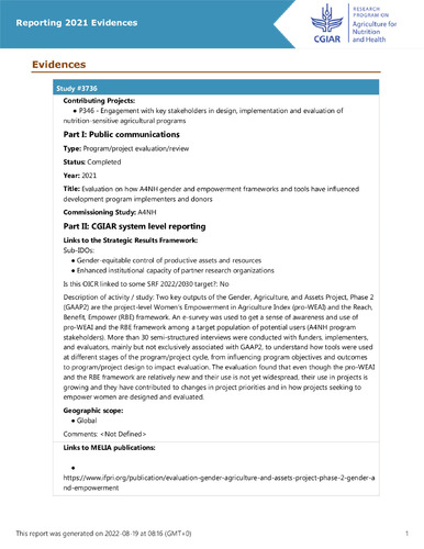 Evaluation on how A4NH gender and empowerment frameworks and tools have influenced development program implementers and donors