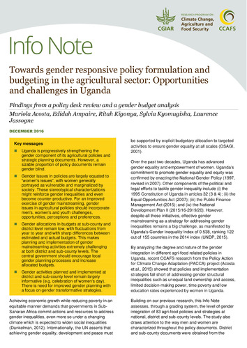 Towards gender responsive policy formulation and budgeting in the agricultural sector: Opportunities and challenges in Uganda