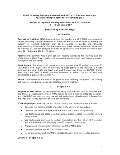 Report of the IPMS capacity building workshop on gender and HIV/AIDS mainstreaming in agricultural development for frontline staff, Dale PLW, 12-16 January 2009