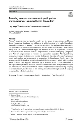 Assessing women’s empowerment, participation, and engagement in aquaculture in Bangladesh