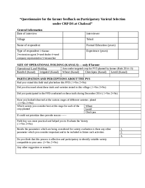 Questionnaire for the farmer feedback on Participatory Varietal Selection under CRP DS at Chakwal