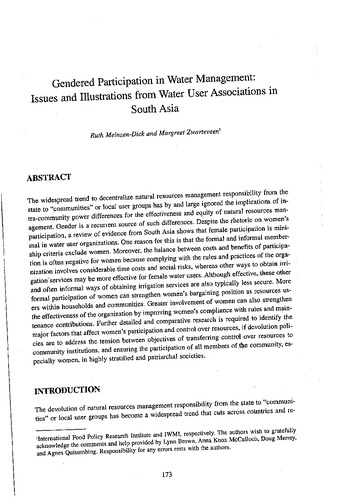 Gender participation in water management: issues and illustrations from water users' associations in South Asia