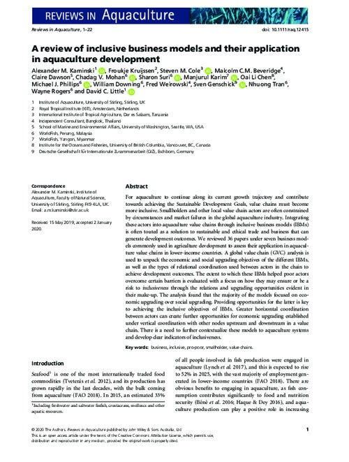 A review of inclusive business models and their application in aquaculture development