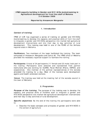 Report of the IPMS capacity building workshop on gender and HIV/AIDS mainstreaming in agricultural development for frontline staff, Metema PLW, 3-9 October 2008