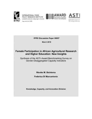 Female participation in African agricultural research and higher education: New insights: Synthesis of the ASTI's award benchmarking survey on gender-disaggregated capacity indicators