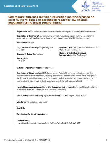 Community outreach nutrition education materials based on local nutrient-dense underutilized foods for low literate population using linear programming