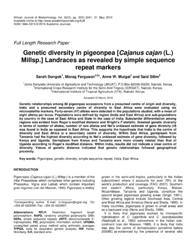Genetic diversity in pigeonpea [Cajanus cajan (L.) Millsp.] Landraces as revealed by simple sequence repeat markers