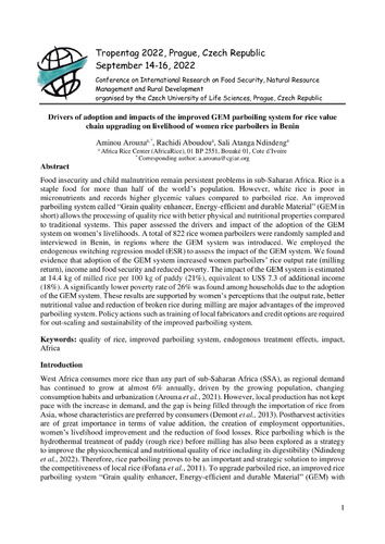 Drivers of adoption and impacts of the improved GEM parboiling system for rice value chain upgrading on livelihood of women rice parboilers in Benin