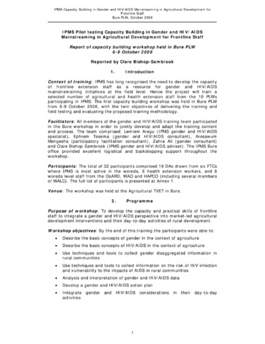 Report of the IPMS pilot testing capacity building workshop on gender and HIV/AIDS mainstreaming in agricultural development for frontline staff, Bure PLW, 6-9 October 2008