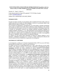 Concentracion e infeccion de esporangios de Phytophthora infestans (Mont.) de Bary en pre-emergencia de tuberculos de papa (Solanum tuberosum).