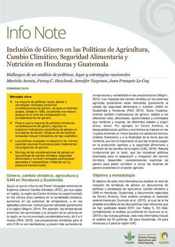Inclusión de Género en las Políticas de Agricultura, Cambio Climático, Seguridad Alimentaria y Nutrición en Honduras y Guatemala