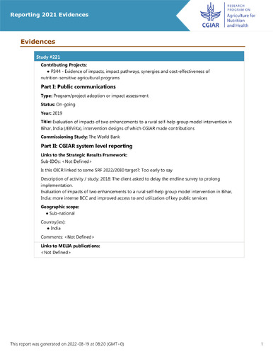 Evaluation of impacts of two enhancements to a rural self-help group model intervention in Bihar, India (JEEViKa), intervention designs of which CGIAR made contributions