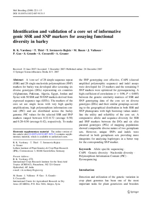 Identification and validation of a core set of informative genic SSR and SNP markers for assaying functional diversity in barley