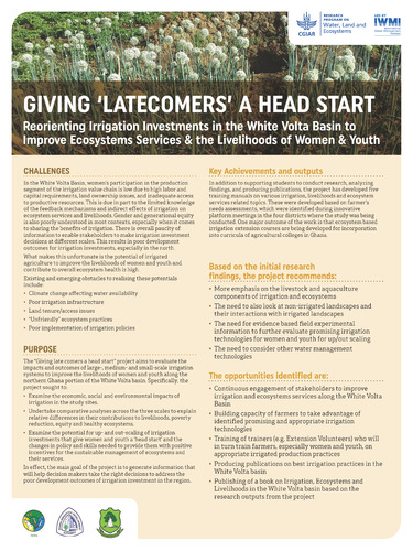 Giving ‘latecomers’ a head start:Reorienting irrigation investments in the white Volta basin to improve ecosystems services & the livelihoods of women & youth
