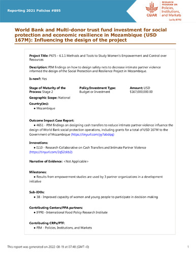 World Bank and Multi-donor trust fund investment for social protection and economic resilience in Mozambique (USD 167M): Influencing the design of the project