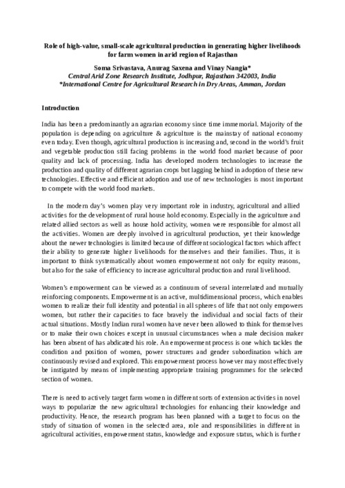 Role of high-value, small-scale agricultural production in generating higher livelihoods for farm women in arid region of Rajasthan