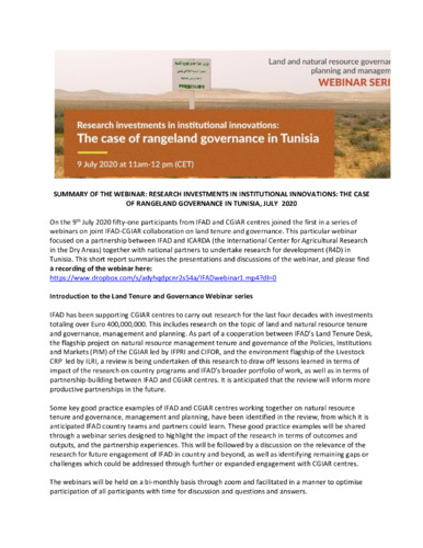 Research investments in institutional innovations: The case of rangeland governance in Tunisia. Summary of a Webinar, 9 July 2020
