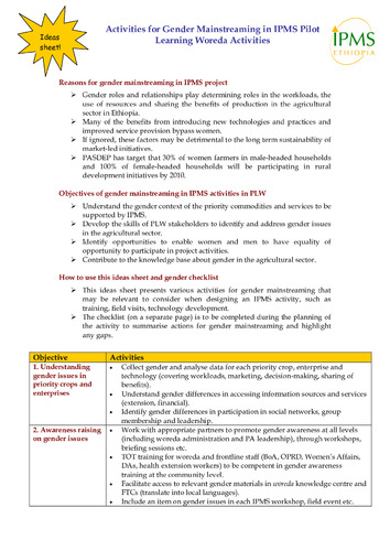 Activities for gender mainstreaming in IPMS pilot learning woreda activities