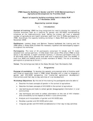Report of the IPMS capacity building workshop on gender and HIV/AIDS mainstreaming in agricultural development for frontline staff, Alaba PLW, 3-7 November 2008