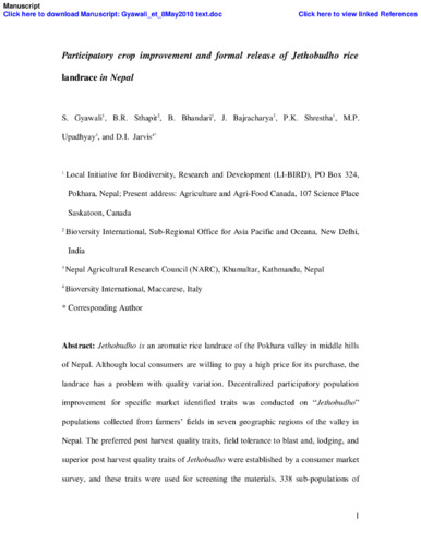 Participatory crop improvement and formal release of Jethobudho rice landrace in Nepal