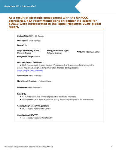 As a result of strategic engagement with the UNFCCC secretariat, FTA recommendations on gender indicators for SDG13 were incorporated in the ‘Equal Measures 2030’ global report.