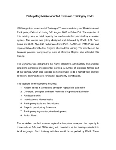 Report of the training of trainers workshop on market-oriented participatory extension, Debre Zeit, 6-11 August 2007