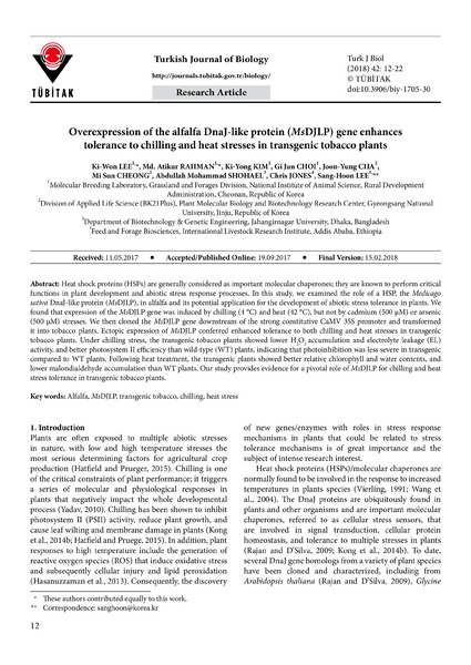 Overexpression of the alfalfa DnaJ-like protein (MsDJLP) gene enhances tolerance to chilling and heat stresses in transgenic tobacco plants