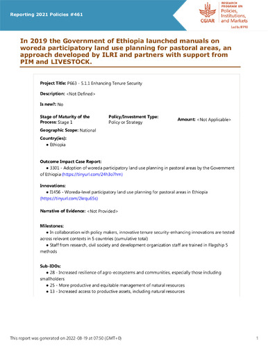 In 2019 the Government of Ethiopia launched manuals on woreda participatory land use planning for pastoral areas, an approach developed by ILRI and partners with support from PIM and LIVESTOCK.