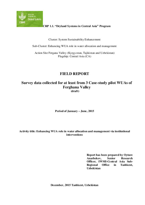 Report on survey data collected at least from 3 case-study WUAs of Ferghana Valley