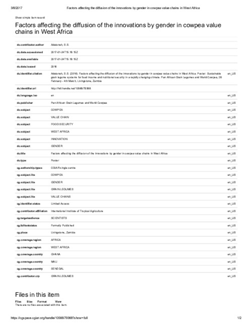 Factors affecting the diffusion of the innovations by gender in cowpea value chains in West Africa