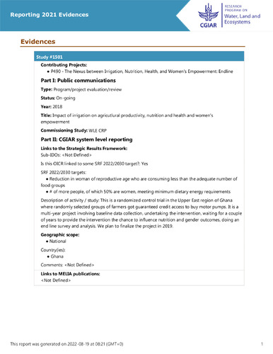 Impact of irrigation on agricutlural productivity, nutrition and health and women's empowerment