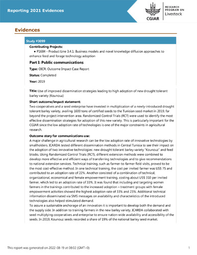 Use of improved dissemination strategies leading to high adoption of new drought tolerant barley variety (Kounouz)