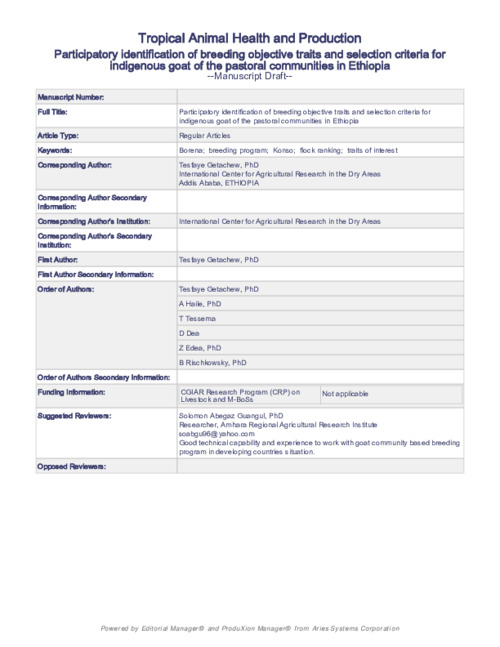 Participatory identification of breeding objective traits and selection criteria for indigenous goat of the pastoral communities in Ethiopia