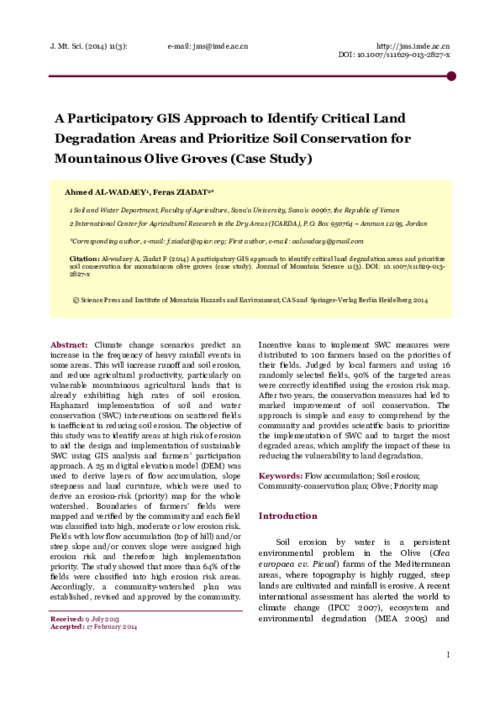 A Participatory GIS Approach to Identify Critical Land Degradation Areas and Prioritize Soil Conservation for Mountainous Olive Groves (Case Study)
