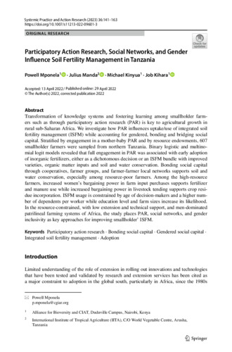 Participatory action research, social networks, and gender influence soil fertility management in Tanzania