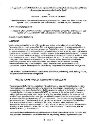 An approach to social mobilization for effective stakeholder participation in integrated water resource management in the Aral Sea Basin