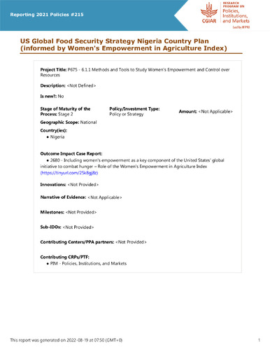 US Global Food Security Strategy Nigeria Country Plan (informed by Women's Empowerment in Agriculture Index)