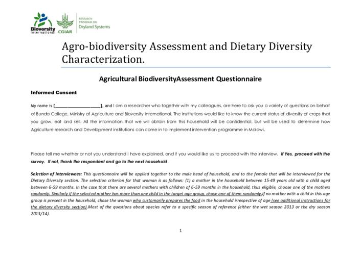 Malawi Household Surveys for Agricultural Biodiversity Assessment: Questionnaire