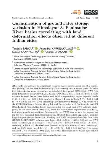 Quantification of groundwater storage variation in Himalayan & Peninsular river basins correlating with land deformation effects observed at different Indian cities