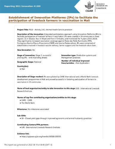 Establishment of Innovation Platforms (IPs) to facilitate the participation of livestock farmers in vaccination in Mali