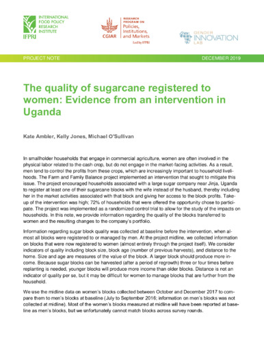 The quality of sugarcane registered to women: Evidence from an intervention in Uganda
