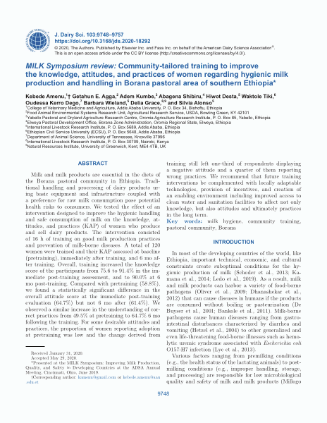 MILK Symposium review: Community-tailored training to improve the knowledge, attitudes, and practices of women regarding hygienic milk production and handling in Borana pastoral area of southern Ethiopia