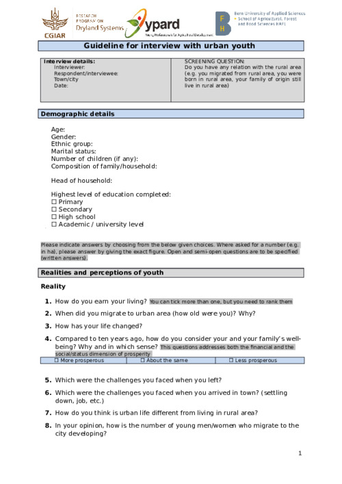 Research questions for urban based youth