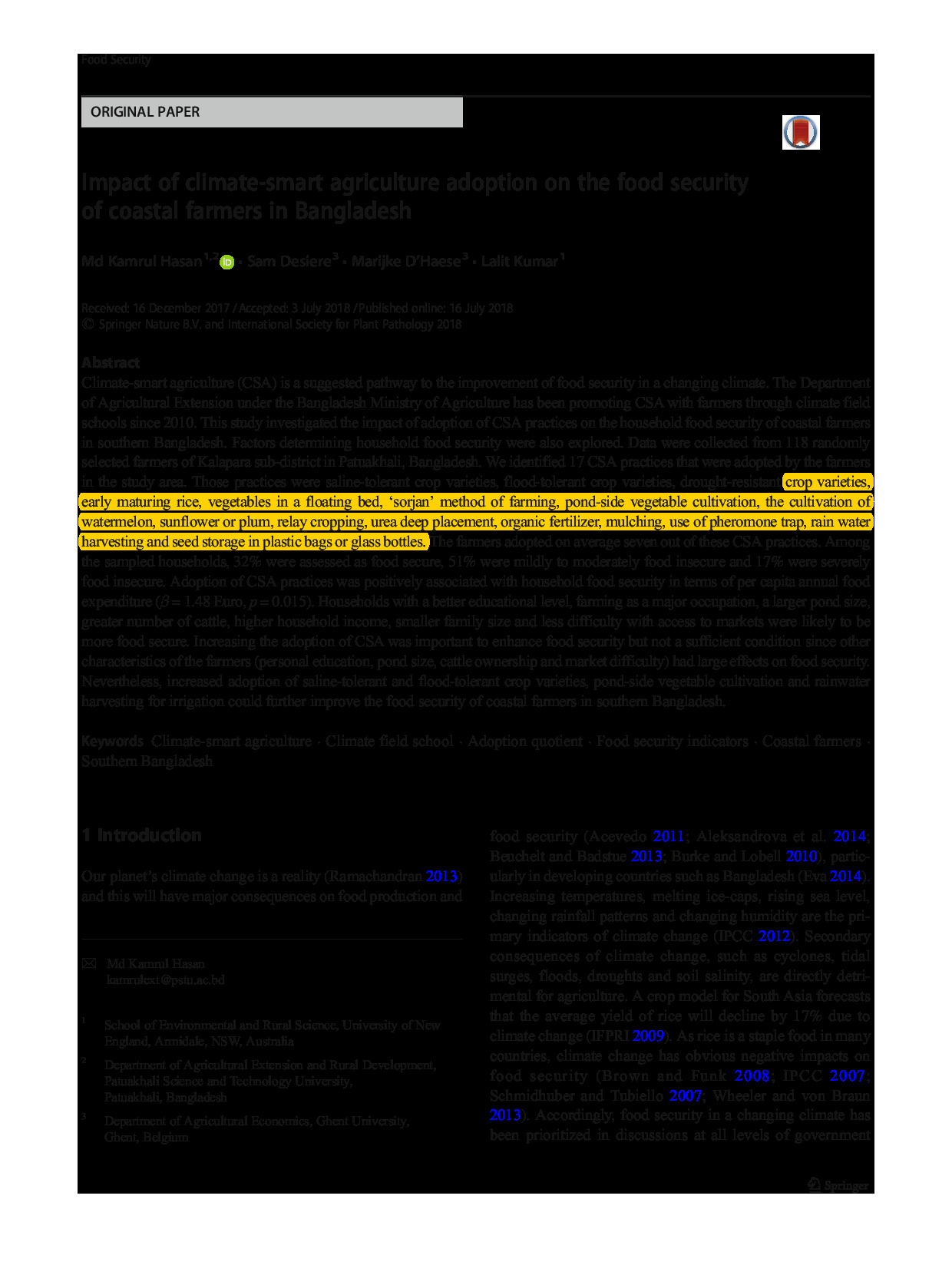 Impact of climate-smart agriculture adoption on the food security of coastal farmers in Bangladesh