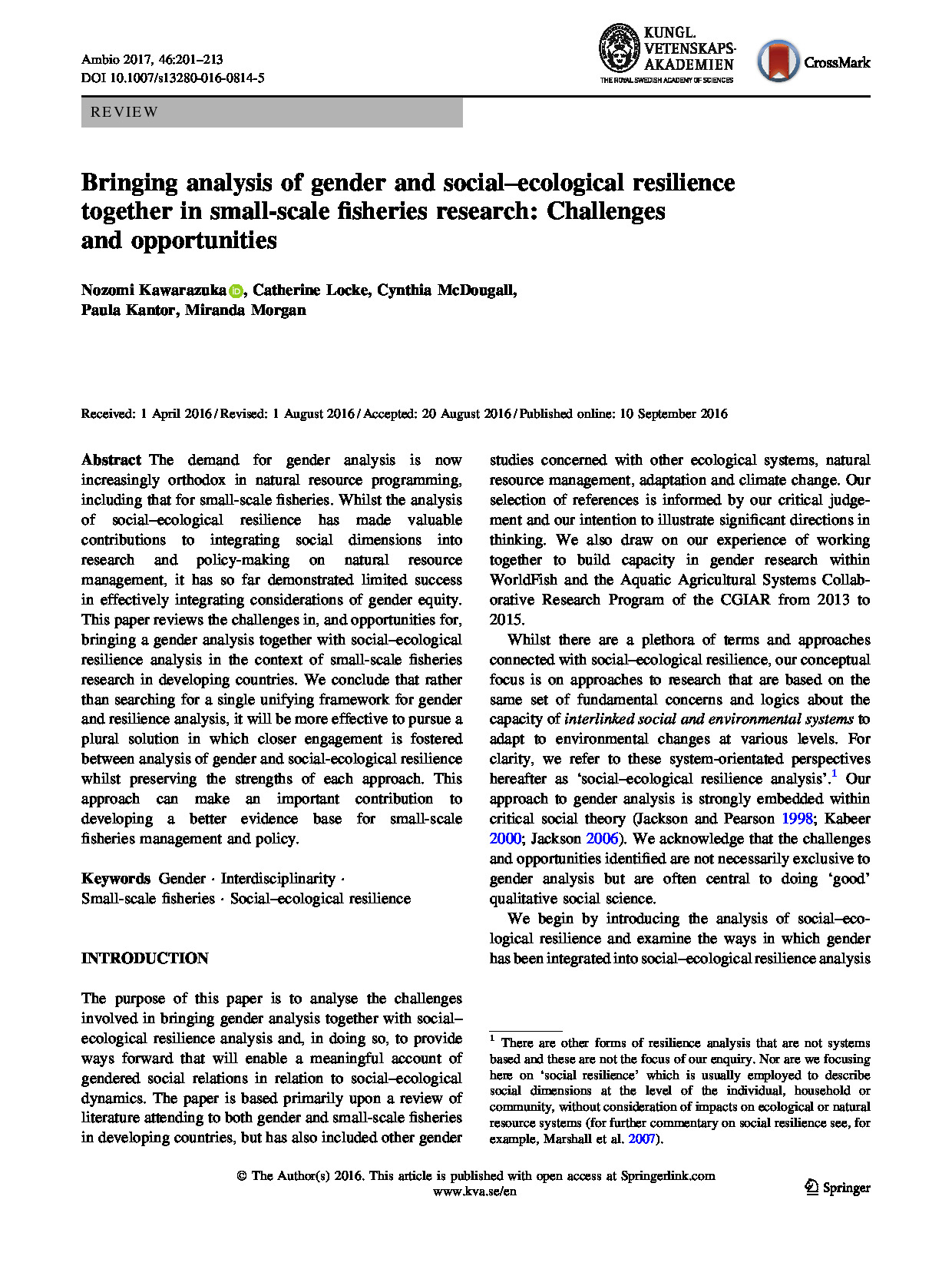 Bringing analysis of gender and social-ecological resilience together in small-scale fisheries research: Challenges and opportunities