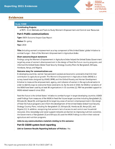 Including women's empowerment as a key component of the United States’ global initiative to combat hunger – Role of the Women's Empowerment in Agriculture Index