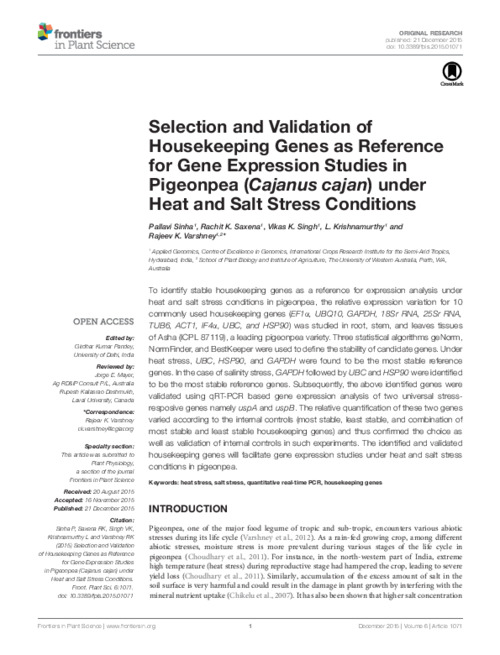 Selection and Validation of Housekeeping Genes as Reference for Gene Expression Studies in Pigeonpea (Cajanus cajan) under Heat and Salt Stress Conditions