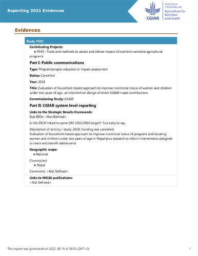 Evaluation of household-based approach to improve nutritional status of women and children under two years of age...an intervention design of which CGIAR made contributions