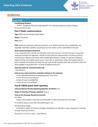 Improved livelihoods and food security for over 2000 households from rehabilitation of a degraded watershed is leading to scaling out of the model to other watersheds in Ethiopia